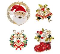 Milisten 4pcs Christmas Alloy Brooches Set - Elk, Bell, Santa, Bow Wreath Corsages with Leaf Accents - Retro Xmas Pins for Women’s Clothing Accessories and Holiday Party Wear Random Color