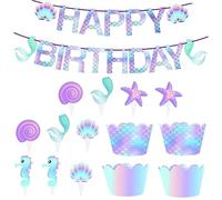 Milisten 51pcs Mermaid Cake Toppers Cupcake Wrappers Birthday Decorations for Under the Sea Parties Includes Cake Rims Cupcake Picks with Birthday Flag for Celebrations