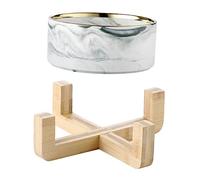 Milisten Nordic Marble Pet Bowl with Wooden Stand Ceramic Soup and Water Feeder for Small Dogs and Cats Grey Marble Pattern Rice Noodle Container Safe and Design