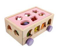 Milisten Wooden Educational Car with Shape Sorter Blocks for Early Learning Cognitive Development Pink Building