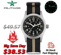 Militado ML05 38mm Vintage Watch VH31 Quartz Movement Field Watches Domed Sapphire Crystal With High Clear AR Coating Wristwatch Silver Case Arrow BK