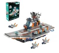Military Aircraft Carrier Building Set. 350 PCS Carrier Model Kit with Orange-Blue Mech Design, Compatible with Lego Aircraft Carrier, 6 Mini Drones, Naval Gifts for Adults Man Teens 14+