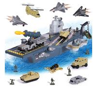 Military Aircraft Carrier Toys, Army Toys with 10 Vehicles, Fighter Jet Helicopter Tanks and Army Men Action Figures Toy for Kids Boys Girls