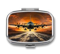 Military Aircraft Land Pill Box - 2 Compartment Travel Pill Organizer with Small Mirror, Portable Pillcase for Pocket & Purse, Cute Square Medicine Case, Weekly Medicine Container