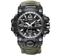 Military Analog Watch, Outdoor Whistle Waterproof Luminous Men's Compass Multi-Function Umbrella Cord Climbing Watch, Dual Display Hourly Stopwatch,Green
