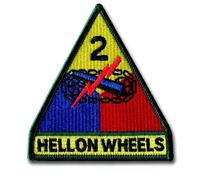 Military Army Hell on Wheels 2nd Armored Division Embroidered Patch, Green Yellow Red Blue, Iron-on or Sew-on, 3 13/16 x 3 1/2 Inches
