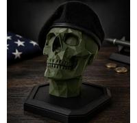 Military Beret Display Skull Veteran Gift, Handmade 3D Printing Professional Service Cap Showcase, Veteran Skull Sculpture Collectible Gift for Elite Military(Green With Base)