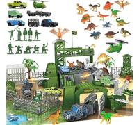 Military Dinosaur Battle Playset, 56 Piece Army Toy Set Soldier Figures, Military Vehicles (Helicopter, Je-ep, Trucks), Cannon, Tents & Battle Mat, Educational STEM Toys for Boys Ages 3-12