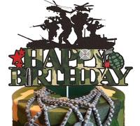 Military Happy Birthday Cake Topper Black Glitter Camouflage Retirement Military Themed Birthday Party Supplies Army Soldier Gun Cake Decorations for Kid Boy Men Themed Cake Party Decoration