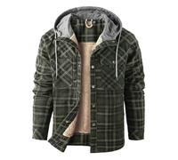Military Jacket Men,Men Plaid Hooded And Velvet Windproof Warm Button Up Cardigan Jacket Business And Foreign Trade Trend Loose Jacket