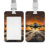 Military Plane Landing On Airforce Runways Against Beautiful DuSky Id Badge Holder Retractable Badge Holders Heavy Duty Plastic Id Card Holder with Lanyard Waterproof Name Tag Sleeve for Nurses, Teach