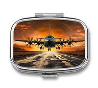 Military Plane Landing On Airforce Runways Against Beautiful DuSky Pill Box Travel Pill Organizer 2 Compartment Weekly Pill Case With Mirror A Day Medicine Container Medicine Organizer for Purse, Pock