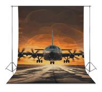 Military Plane Landing on Airforce Runways Against Beautiful Dusky Sky Backdrop Background for Photography High Density Polyester Fabric Background Banner Seamless Photo Booth Prop Backdrop 56"x98" Fo
