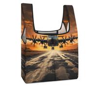 Military Plane Landing on Airforce Runways Against Beautiful Dusky Sky Grocery Bags Washable Foldable Tote Bag Lightweight Reusable Shopping Bags Fashion Large Gift Bag Cute Cloth Storage Pouch for Sh