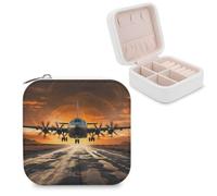 Military Plane Landing on Airforce Runways Against Beautiful Dusky Sky Jewelry Box, PU Patterned Storage Case, Portable Travel Jewelry Organizer Box for Storing Rings, Pendants, Earrings, Necklaces, A
