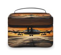 Military Plane Landing on Airforce Runways Against Beautiful Dusky Sky Makeup Bag Organizer Portable Travel Toiletry Bag with Handle Fashion Large Capacity Cosmetic Bags Lightweight Waterproof Makeup