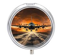 Military Plane Landing on Airforce Runways Against Beautiful Dusky Sky Pill Box Small Round Pill Case Portable Travel Pill Container Multi-Functional Moisture Proof Metal Medicine Pill Organizer Box F