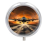 Military Plane Landing on Airforce Runways Against Beautiful Dusky Sky Pill Case Portable Round Pill Box with Mirror 3 Compartments Small Pill Organizer for Pocket Purse Pill Container for Vitamins Fi