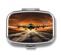 Military Plane Landing on Airforce Runways Against Beautiful Dusky Sky Pill Organizer with 2 Compartments Metal Square Pill Case Small Pill Box Portable Medicine Box Slim Travel Pill Container Medicin