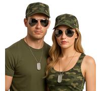 Military Style Camouflage Cap and Aviator Sunglasses Set with Dog Tag Necklace, Army Green X 2 sets