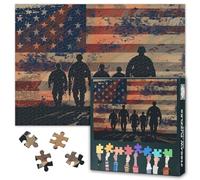 Military Team Silhouette Jigsaw Puzzle 1000 Pieces Grunge Art Soldiers Walking with American Flag Patriotic Wall Art Veteran Gift Puzzle for Men 27.5 x 19.7 Inches