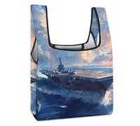 Military USS Battleships Funny Reusable Grocery Bag Printed Fold-able Shopping Bags Washable Tote Lightweight Storage Pouch with Handle