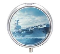 Military USS Enterprise Battleship Fight Jets Funny Round Pill Organizer Travel Pharmacy Box Portable Medicine Case with 3 Compartments