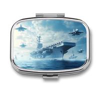 Military USS Enterprise Battleship Fight Jets Funny Square Pill Organizer Travel Pharmacy Box Portable Medicine Case with 2 Compartments