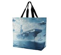 Military USS Enterprise Battleship Fight Jets Large Reusable Shopping Bag Lightweight Foldable Tote Bags Washable Shoulder Handbag