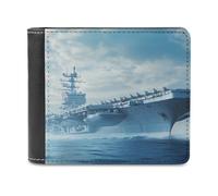 Military USS Enterprise Battleship Fight Jets Leather Men's Bifold Wallet Minimalist Coin Purse with Hidden Slots Simple Credit Card Holder Gifts
