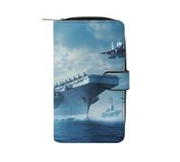 Military USS Enterprise Battleship Fight Jets Leather Men's Multifunctional Wallet with Card Slots Large Capacity Coin Purse Travel Zipper Wallets