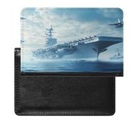 Military USS Enterprise Battleship Fight Jets Leather Passport Holder Compact ID Card Cover Case Slim Travel Wallet for Men Women