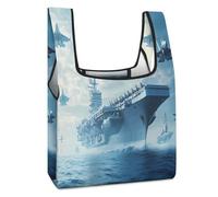 Military USS Enterprise Battleship Fight Jets Reusable Shopping Bag Large Grocery Bags Foldable in A Pouch Washable Eco Tote Handbag