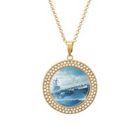Military USS Enterprise Battleship Fight Jets Stylish Circle Necklace Pendant Multicolored Diamond Necklaces Jewelry Gift for Women
