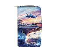 Military USS Enterprise Battleships Fight Jets Leather Wallet Cloth Long Clutch with 12 Card Holder Handbag for Men Women