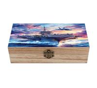 Military USS Enterprise Battleships Fight Jets Vintage Wooden Storage Box with Hinged Lid Fashion Jewelry Organizer Decorative Keepsake Boxes