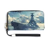 Military USS Enterprise Yorktown-Class Battleshipp Leather Wallet Fashion Purse Long Pouch with Wrist Strap for Men Women