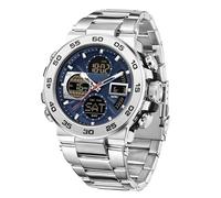 Military Watches for Men Large Face Digital Watch Waterproof Tactical Army Sports WristWatches with Three Time Zones LED Luminous Alarm Stopwatch (STEELSTRIP/Silvery Blue)