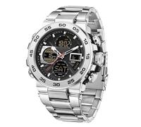 Military Watches for Men Large Face Digital Watch Waterproof Tactical Army Sports WristWatches with Three Time Zones LED Luminous Alarm Stopwatch (STEELSTRIP/Silvery Black)