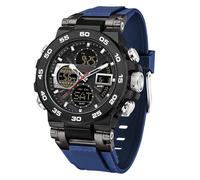 Military Watches for Men Large Face Digital Watch Waterproof Tactical Army Sports WristWatches with Three Time Zones LED Luminous Alarm Stopwatch (TPU/Black Blue)