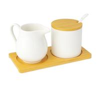 Milk and Sugar Set with Lid and Spoon, Milk Jug White Ceramic and Sugar Bowl with Wooden Tray, Dishwasher and Microwave Safe