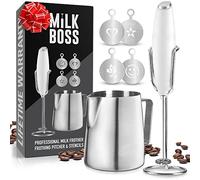 Milk Boss Milk Frother for Coffee Complete Set Coffee Gift with Upgraded Ultra Stand - Handheld Foam Maker - Whisk Drink Mixer for Coffee, Mini Hand Blender - Frother, Stencils & Frothing Pitcher
