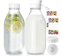 Milk Bottle with Dispenser Cap, 100% Airtight Heavy Duty Screw Lid. 2 Pack 32 Oz Reusable Glass Bottles with 3 Lids! Breast Milk Jug Pitcher, Buttermilk, Water, Juice Bottles w Cap, Syrup, Honey