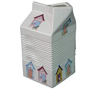 Milk Carton Shaped jug Off White Ceramic Decorated with Beach hut Patten