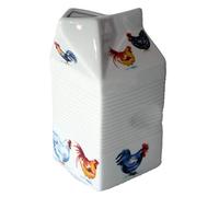 Milk carton shaped jug off white ceramic decorated with chicken, cockerel, hen patten