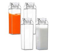 Milk Carton Water Bottle, 4 Pack 500ml Clear Square Milk Bottles, P-lastic Juice Bottles Portable Drink Container, Leak-Proof Reusable Drink Bottles for Fridge Camping Picnic Travel Outdoor Activities