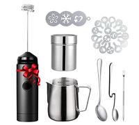 Milk Frother Handheld Art Set - with Milk Frother Pitcher, Powder Cocoa Shaker, Latte Art Pen, Coffee Stencils, Coffee Spoons