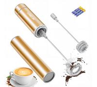 Milk Frother Handheld, Battery Operated Coffee Foamer Drink Mixer with 2 Stainless Steel Electric Whisks for Coffee, Latte, Cappuccino, Hot Chocolate, Protein, Batteries Included, Golden