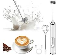 Milk Frother Handheld, Rechargeable Coffee Frother Wand with 2 Stainless Whisks 3 Speeds, Drink Mixer, Electric Foam Maker, Hand Mixer for Lattes, Cappuccino, Matcha, Egg, White