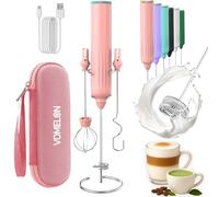 Milk Frother Handheld with 3 Stainless Steel Whisks, Rechargeable Electric Drink Mixer with Stand & Travel Case, Milk Foamer for Coffee, Latte, Cappuccino, Hot Chocolate, Egg,Jam Supplement-Pink